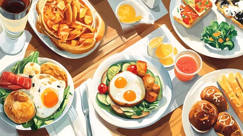 Sunny-side brunch parade spins across a wooden table