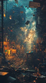 Storm of sparks swirling through a glowing city alley.