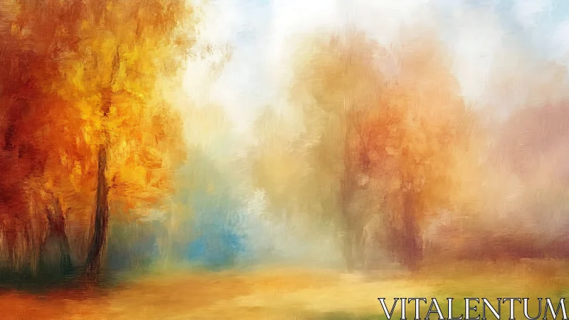 Autumn trees glow in soft morning mist over blurred meadow