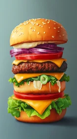 Layered cheeseburger cutaway illustrates stacked ingredients and gloss highlights