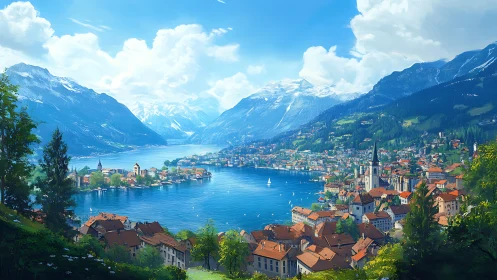 Lakeside alpine town with red roofs and distant peaks.