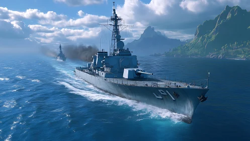 Guided missile destroyer underway in high-detail 3D maritime render