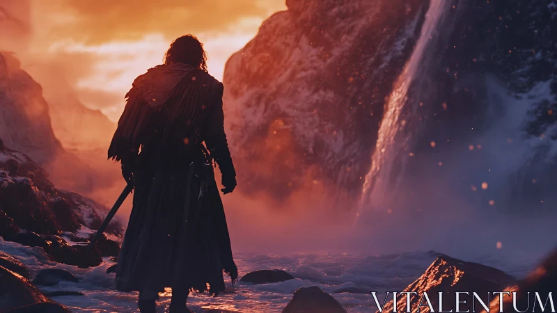 Warrior silhouette before molten dawn waterfall cascade.