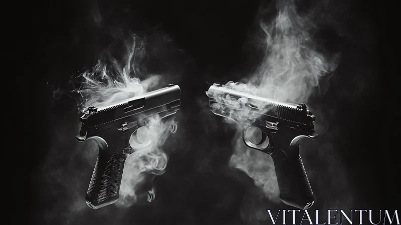 Twin smoking pistols suspended in dramatic low key light.