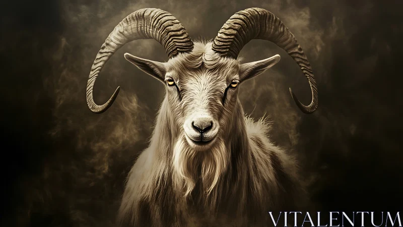 Horned goat portrait against dark atmospheric background.