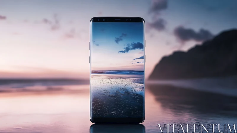 Modern Smartphone Displays Serene Twilight Beach Scene.