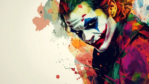 Paint-splashed trickster in chaotic carnival colors poised.