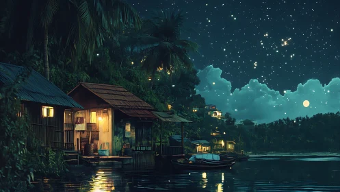 Luminous Refuge: Riverside Cabins Beneath the Celestial Stage.