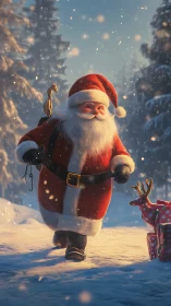 Santa Claus walks through snowy forest carrying sack