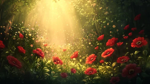 Sunlit red poppy meadow rendered as luminous digital painting