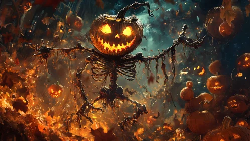 Fiery pumpkin skeleton strides through swirling autumn inferno