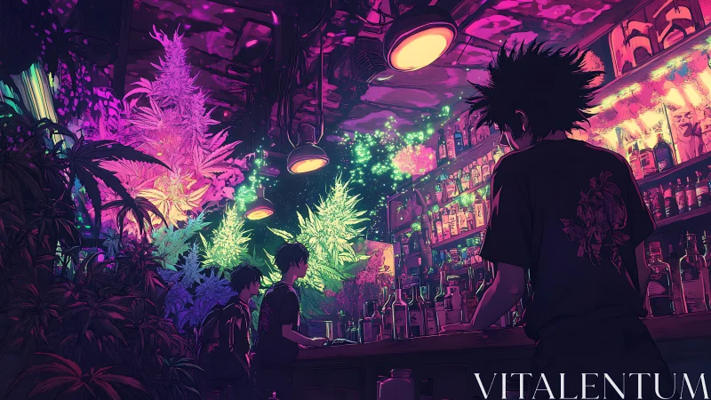 Neon bar interior with glowing plants and young patrons.