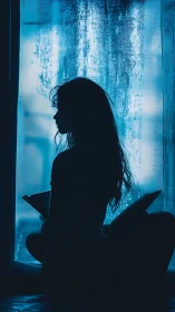 Silhouette of woman reading by window in cool blue light.