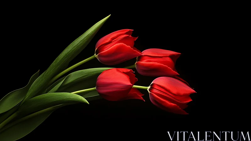 Red Tulip Bouquet with Green Stems on Black Background. Studio Botanical.