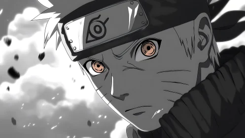 Anime close-up portrait with dynamic grayscale contrast focus.