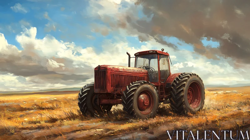Red farm tractor stands in dry field under dramatic clouds