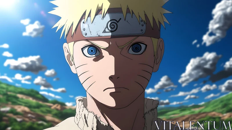 Blond anime youth with headband under bright sky outdoors.