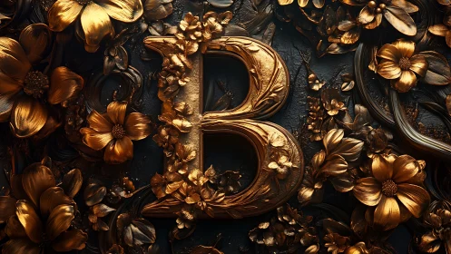 Golden letter B with ornate floral relief on dark background