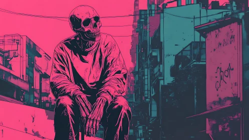 Neon skeleton lingers on a rooftop edge above quiet alleys