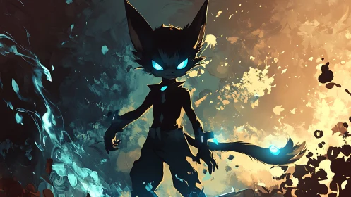 Celestial feline warrior amid dual-element abstract storm.