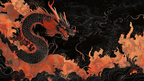 Fiery oriental dragon coiled within storming ember clouds.