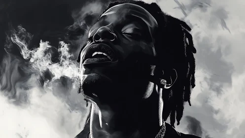 Monochrome portrait with smoke and upward head tilt.
