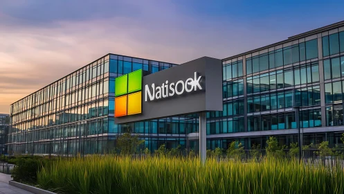 Modern Tech Campus Glows With Neon Windows at Golden Hour