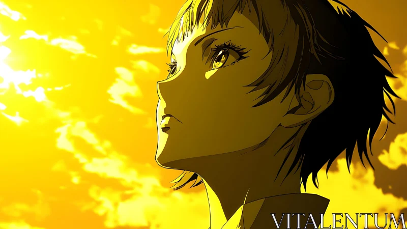 Golden anime profile captures luminous introspective gaze.