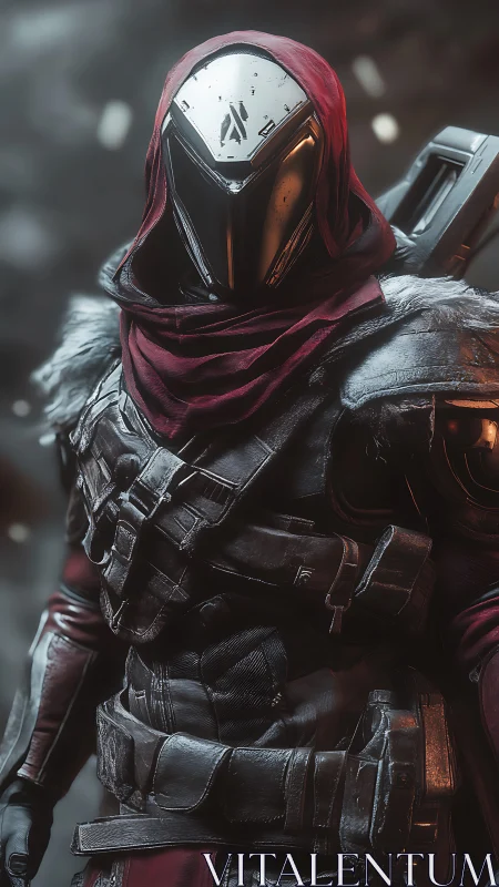 Hooded chrome sentinel waits in drifting cybernetic snowfall