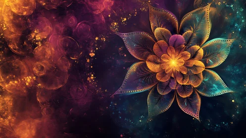 Fractal flower mandala with glowing colorful petals.