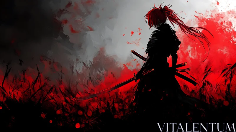 Backlit red-haired swordsman in tri-blade combat stance silhouette.