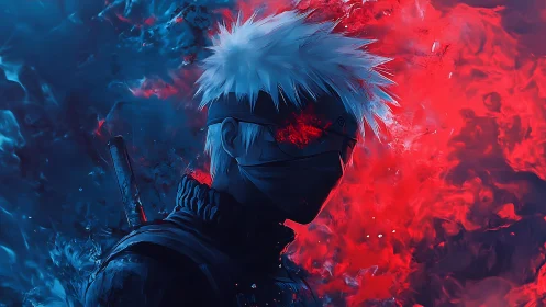 Masked anime warrior stands between searing red and blue flames