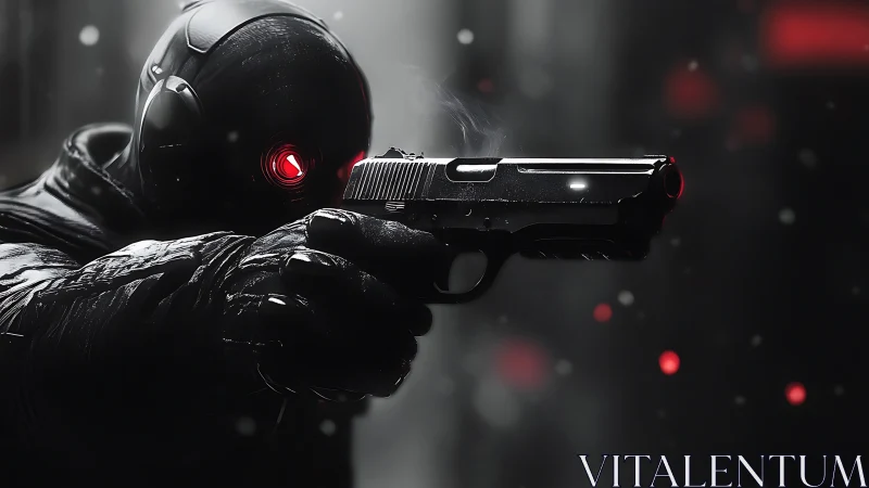 Cyborg marksman with handgun in low key urban setting.
