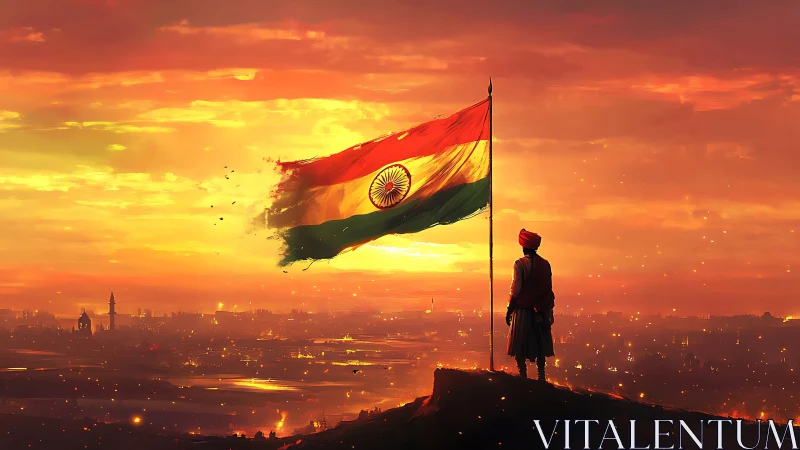 Sunset cinematic panorama with Indian tricolor standard raised.