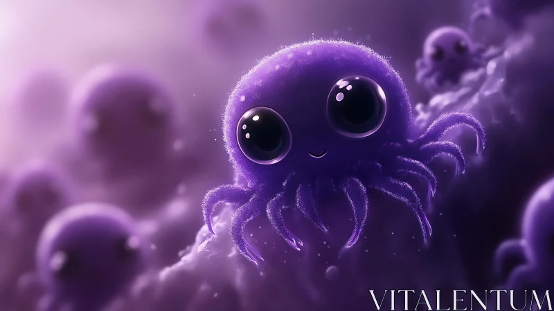 Purple stylized octopus creature in soft-focus nebula space.