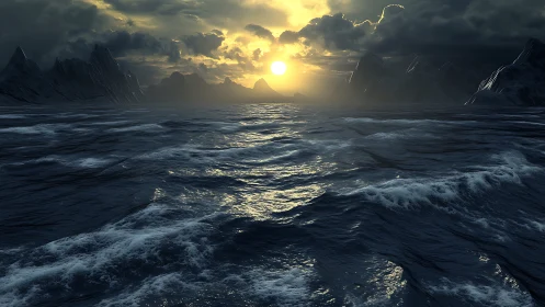 Stormlit polar ocean beneath a blazing, defiant sunrise.