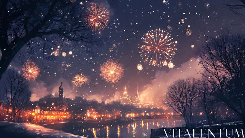 Winter riverside city under radiant festival fireworks.