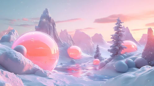 Pink translucent spheres rest in a stylized snowy valley