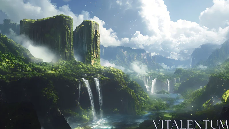 Mystical green valley unfolds with towering cliffs and falls
