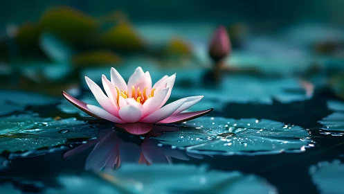 Pink water lily rests serenely on glistening blue pond.
