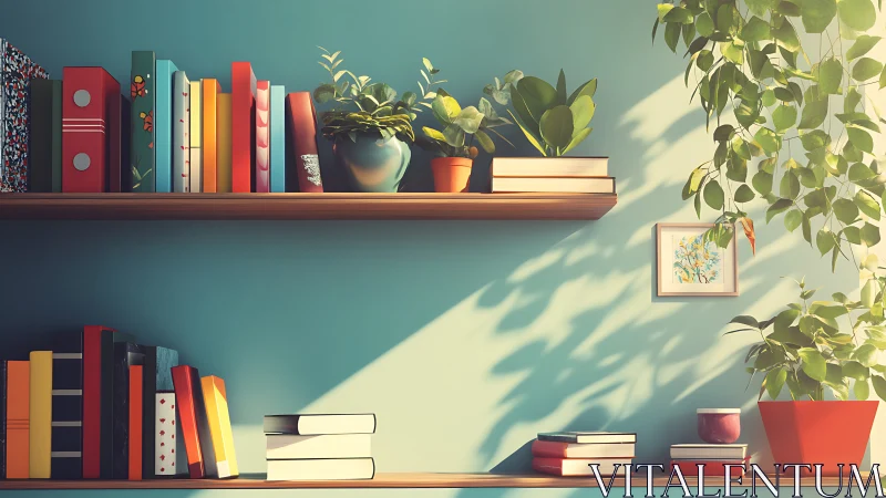 Sunlit wall shelves with books and cascading green plants.