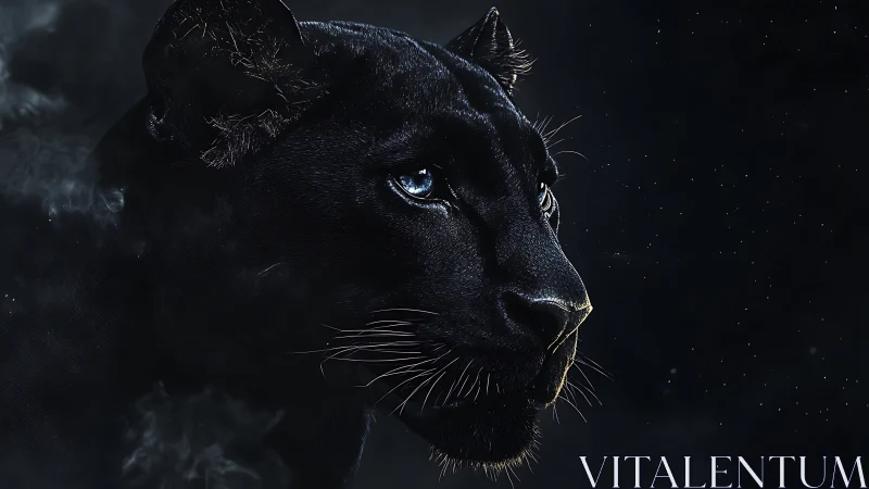 Black Panther Portrait with Luminous Eyes Against Atmospheric Darkness