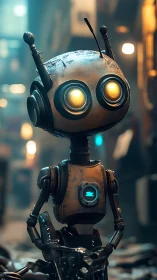 Rust-kissed alley robot cradles a hopeful blue heartbeat.