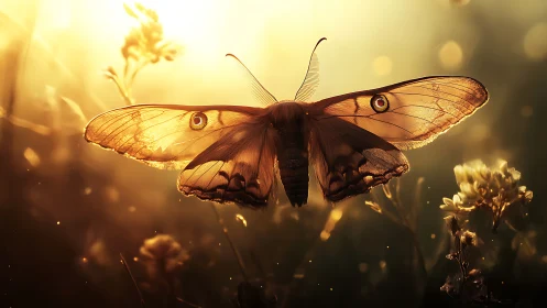 Moth with translucent wings in backlit meadow at sunset.