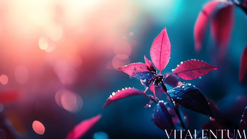 Pink leaves with water droplets in colorful bokeh light.