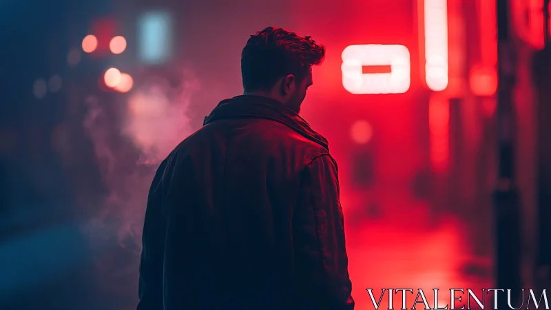 Lone figure walks neon alley under red blue cinematic haze.
