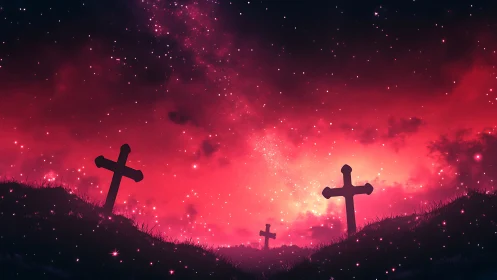 Graveyard crosses under red star field sky at night.