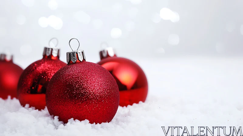 Red Christmas baubles rest on fresh snow under soft bokeh.