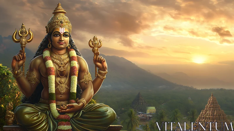 Hindu deity statue before temple valley at golden sunset.