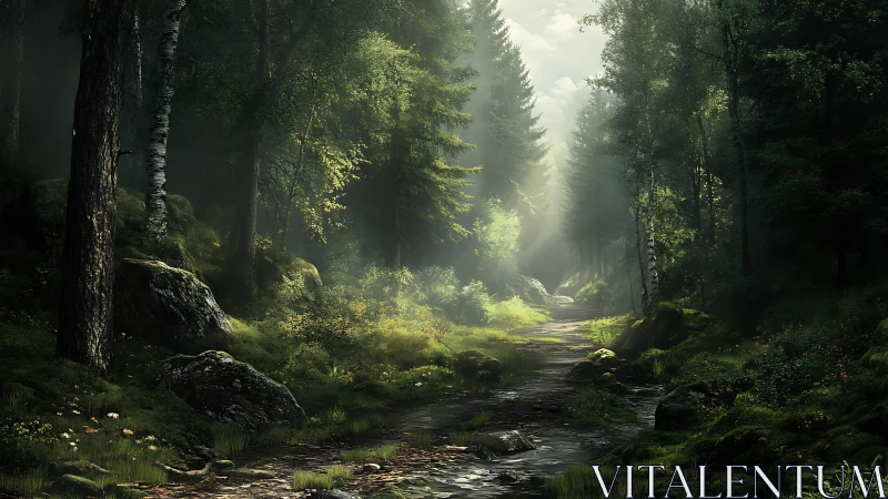 Sunlit Forest Stream: A Serene Journey Through Ancient Woods